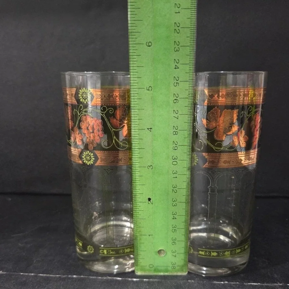 Cera Green & Golden Grapes Highball Glasses, Set of 2, Vintage Tumblers, Barware